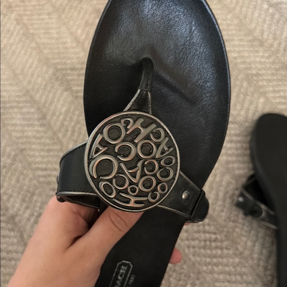 COACH Black Leather Toe-Ring Sandals with Logo Medallion - Picture 8 of 9